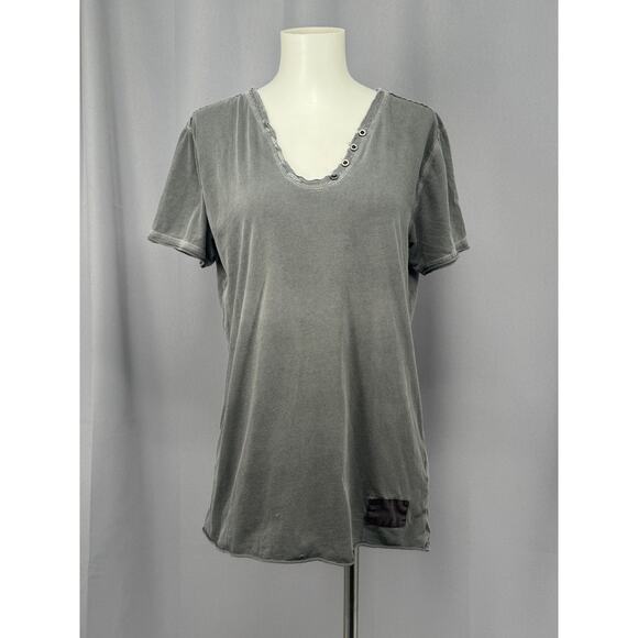 AllSaints Spitalfields Shirt Womens Small Gray V-Neck Eyelet Distressed Raw Hem - Picture 1 of 14
